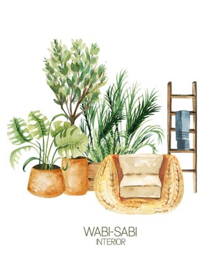 Watercolor interior scenes of rest zone in living room in wabi-sabi style, hand drawn illustration on white background