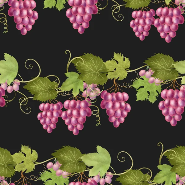 Seamless Pattern Pink Grape Vines Hand Drawn Illustration Dark Background — ストック写真