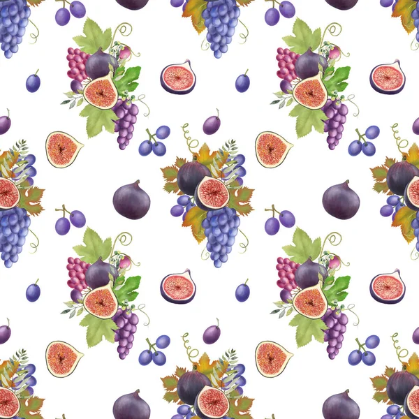 Seamless Pattern Blue Purple Grapes Figs Hand Drawn Illustration White — ストック写真