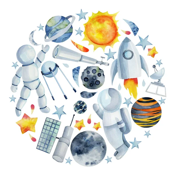 Okrągły Skład Elementów Przestrzeni Akwarelowej Astronauta Rakieta Satelita Planety Kometa — Zdjęcie stockowe