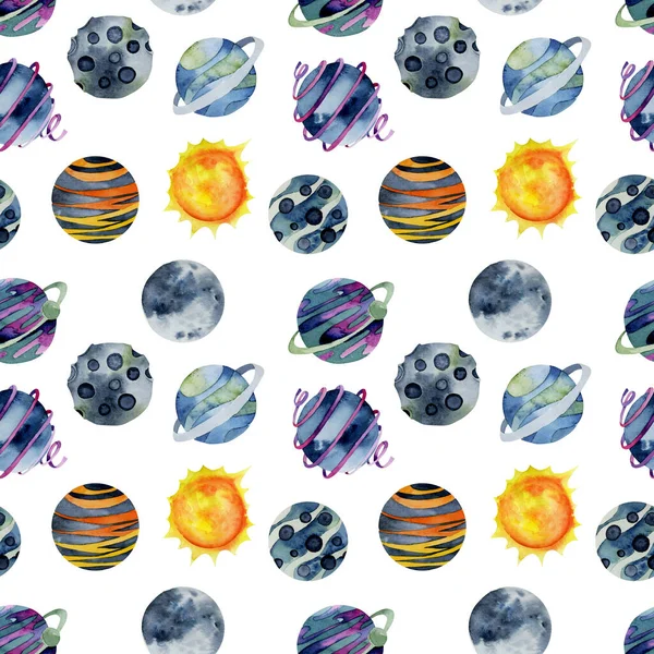 Seamless pattern of watercolor planets, hand drawn illustration on white background