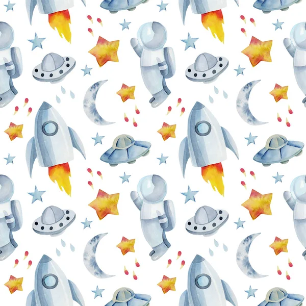 Seamless pattern of watercolor space elements (rocket, astronaut, ufo, stars), hand drawn illustration on white background