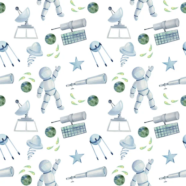 Seamless pattern of watercolor space elements (astronaut, ufo, stars, telescope, satellite, space equipment), hand drawn illustration on white background