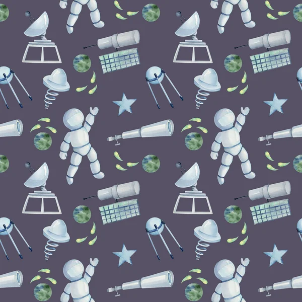 Seamless pattern of watercolor space elements (astronaut, ufo, stars, telescope, satellite, space equipment), hand drawn illustration on dark purple background
