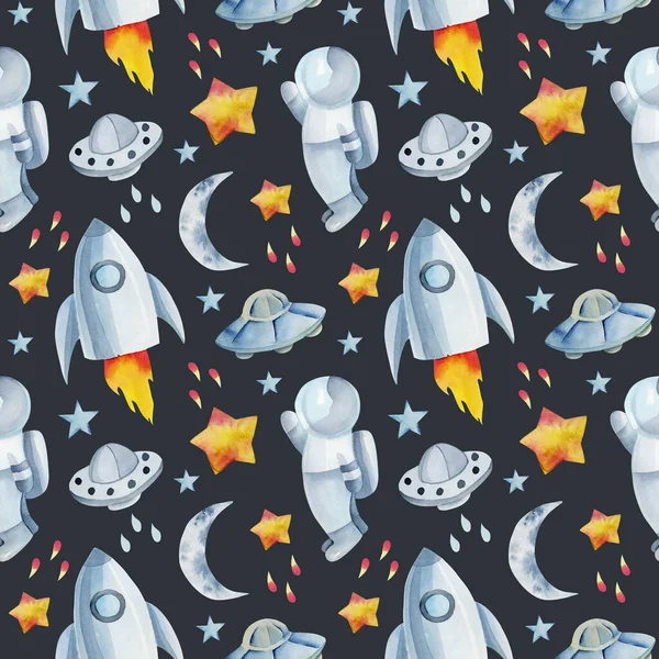 Seamless pattern of watercolor space elements (rocket, astronaut, ufo, stars), hand drawn illustration on dark background