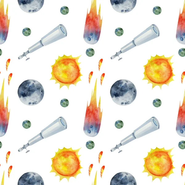 Seamless pattern of watercolor space elements (planets, comets, telescope), hand drawn illustration on white background