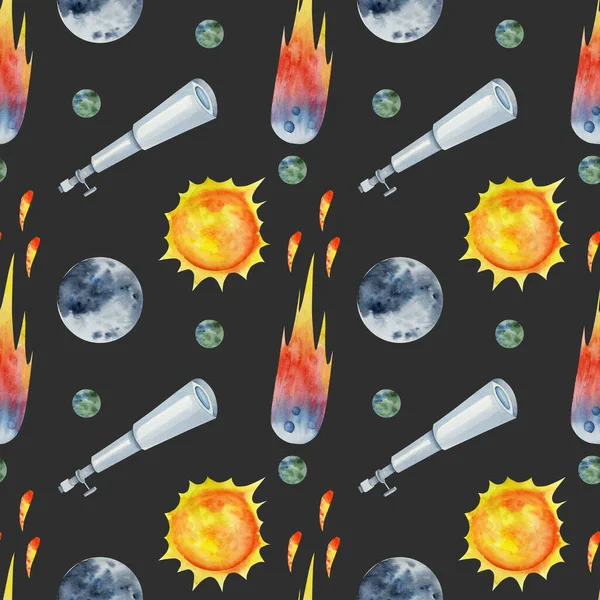 Seamless pattern of watercolor space elements (planets, comets, telescope), hand drawn illustration on dark background