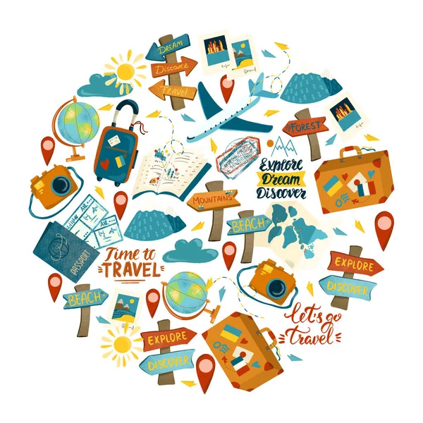 Okrągły Skład Elementów Podróży Turystyki Ręcznie Rysowane Pojedyncze Ilustracji Białym — Zdjęcie stockowe