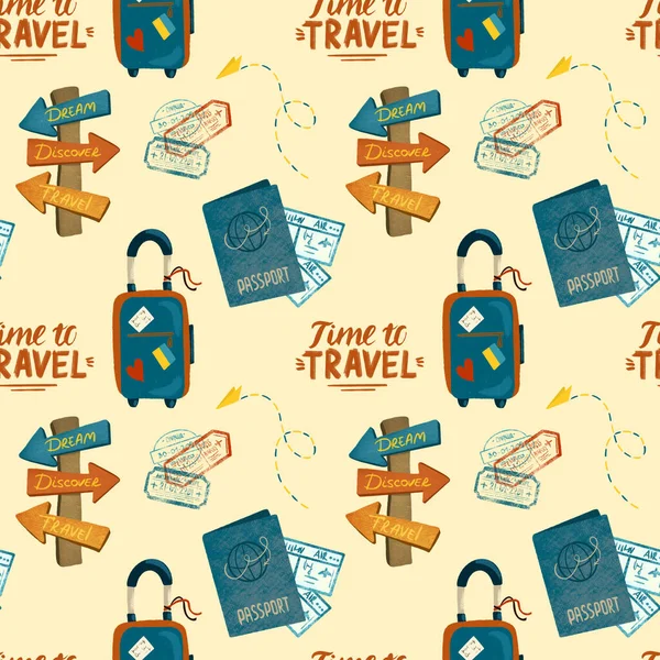 Seamless Pattern Travel Tourism Elements Hand Drawn Illustration Yellow Background — Stock Photo, Image