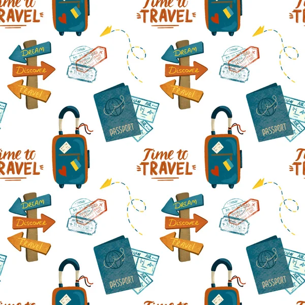 Seamless Pattern Travel Tourism Elements Hand Drawn Illustration White Background — Stock Photo, Image