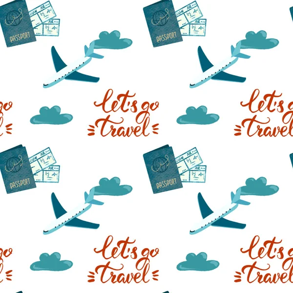 Seamless Pattern Tourism Elements Airplane Passport Air Tickets Hand Drawn — Stock Photo, Image