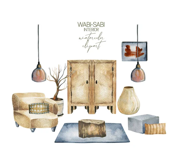 Watercolor Interior Scene Living Room Wabi Sabi Style Simple Living —  Fotos de Stock