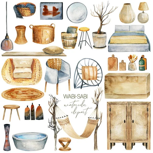 Watercolor Wabi Sabi Style Furniture Home Decor Set Hand Drawn — ストック写真