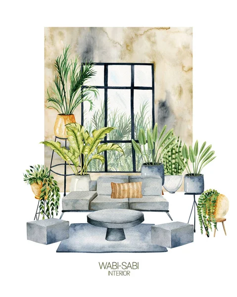 Watercolor Interior Scene Living Room Wabi Sabi Style Simple Living — Stock Photo, Image