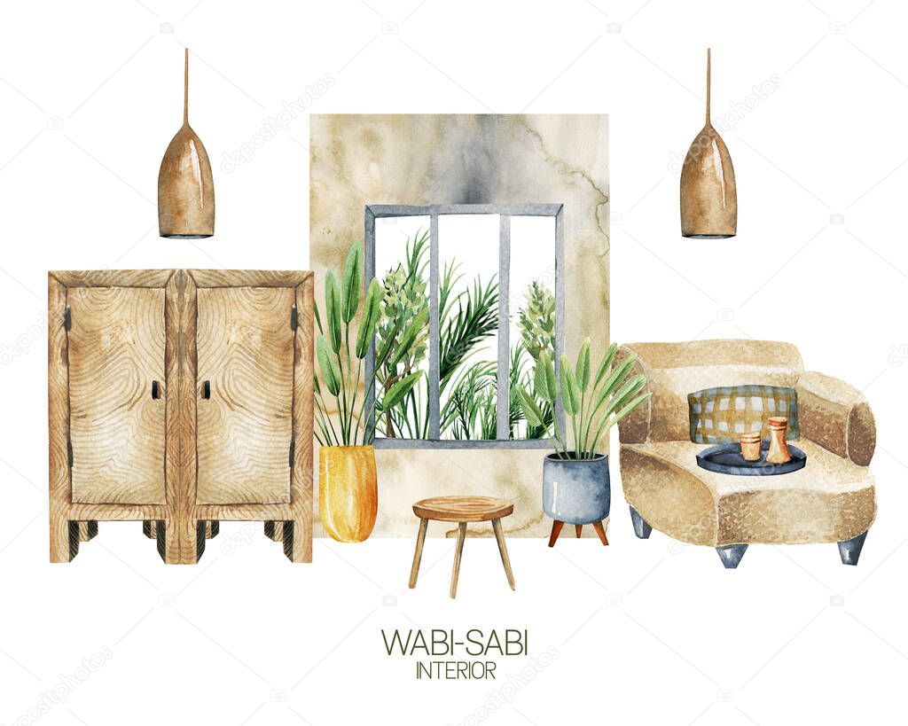 Watercolor interior scene of living room in wabi-sabi style, simple living concept, hand drawn illustration on white background