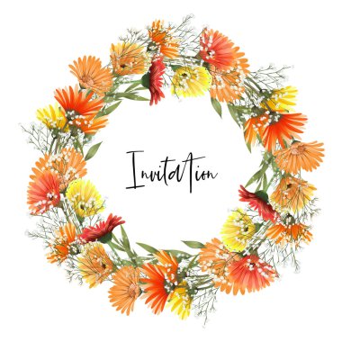 Sonbahar papatya çelenkleri, asters çiçekleri ve gypthe dalları, beyaz arka planda el çizimi izole edilmiş illüstrasyon, düğün kartları, davetiyeler