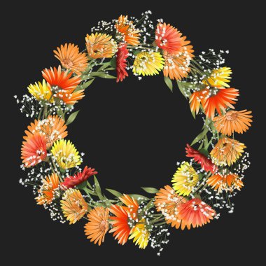 Sonbahar papatya çelenkleri, asters çiçekleri ve gypå ila dalları, karanlık arka planda el çizimi izole edilmiş illüstrasyon, düğün kartları, davetiyeler