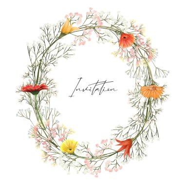 Çingene dalları ve Alman papatyaları çelengi, beyaz arka planda izole edilmiş illüstrasyon, düğün ve tebrik kartı, davetiye vs.