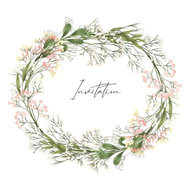 Yeşillik ve çingene dalları çelengi, beyaz arka planda izole edilmiş illüstrasyon, düğün ve tebrik kartı, davetiye vs.