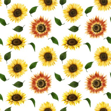 Beyaz arkaplanda kusursuz ayçiçeği deseni ve yeşil yapraklar çizimi