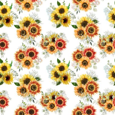 Çiçek buketlerinin kusursuz desenleri, çingene dalları ve yeşillikler, beyaz arka planda çiçek aranjmanları.