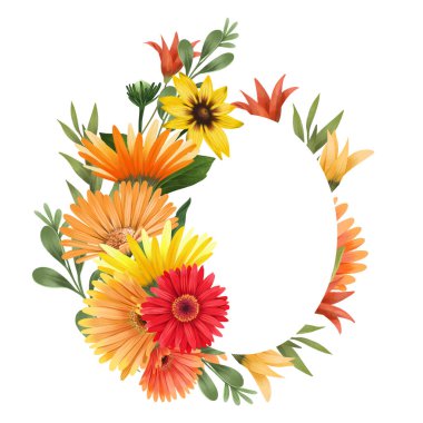 Sonbahar Gerbera papatyaları ve asters çiçeklerinin oval çerçevesi, beyaz arka planda el çizimi, düğün kartları, davetiyeler, kutlama tasarımı
