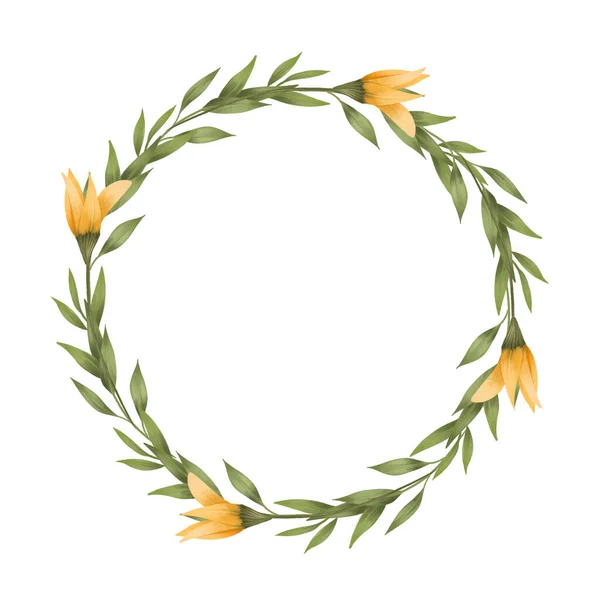 Simple Wreath Greenery Orange Small Flowers Hand Drawn Illustration White — Stock Photo, Image