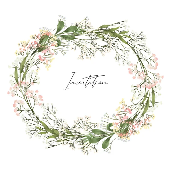 Yeşillik ve çingene dalları çelengi, beyaz arka planda izole edilmiş illüstrasyon, düğün ve tebrik kartı, davetiye vs.