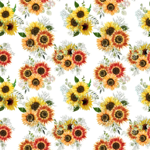 Çiçek buketlerinin kusursuz desenleri, çingene dalları ve yeşillikler, beyaz arka planda çiçek aranjmanları.