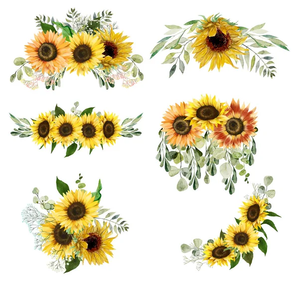 Autumn Floral Bouquets Sunflowers Greenery Set Isolated Flower Arrangements White — Stock Photo, Image