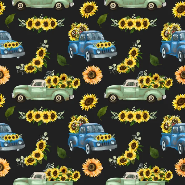 Nahtloses Muster Alter Lastwagen Mit Sonnenblumen Illustration Auf Dunklem Hintergrund — Stockfoto