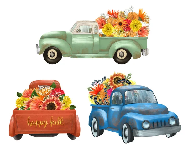 Set Von Alten Lastwagen Mit Herbstblumen Illustration Isoliert Auf Weißem — Stockfoto