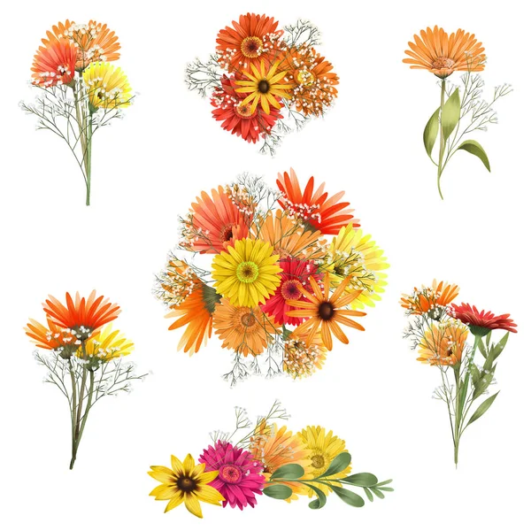 Herbstliche Blumensträuße Aus Astern Gerberblumen Und Zigeunerzweigen Gesetzt Isolierte Blumenarrangements — Stockfoto