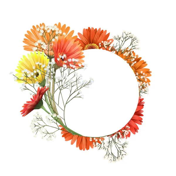 Quadro Redondo Outono Gerbera Margaridas Astros Flores Gypsophila Ilustração Isolada — Fotografia de Stock