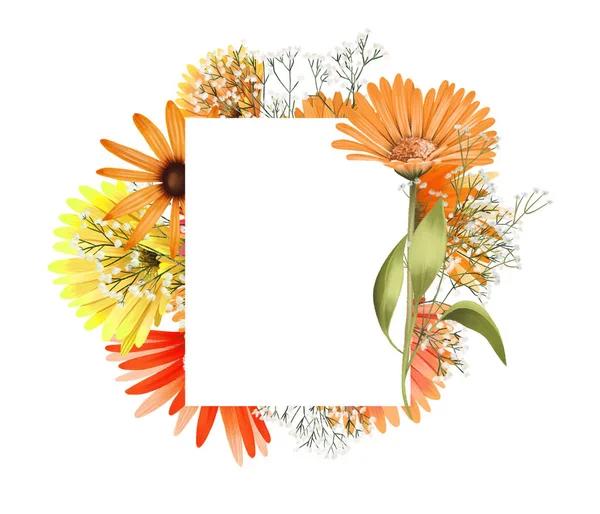 秋のガーベラの日 スターやジプシーの花の正方形のフレームは 結婚式のカード 招待状 お祝いのデザインのために 白い背景に孤立したイラストを描いた — ストック写真