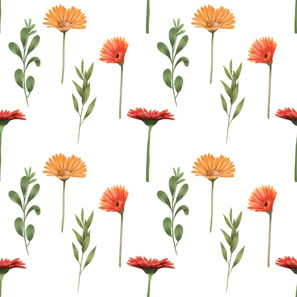 赤とオレンジ色のガーバーの花と緑の枝シームレスなパターン 白の背景に孤立した花 — ストック写真