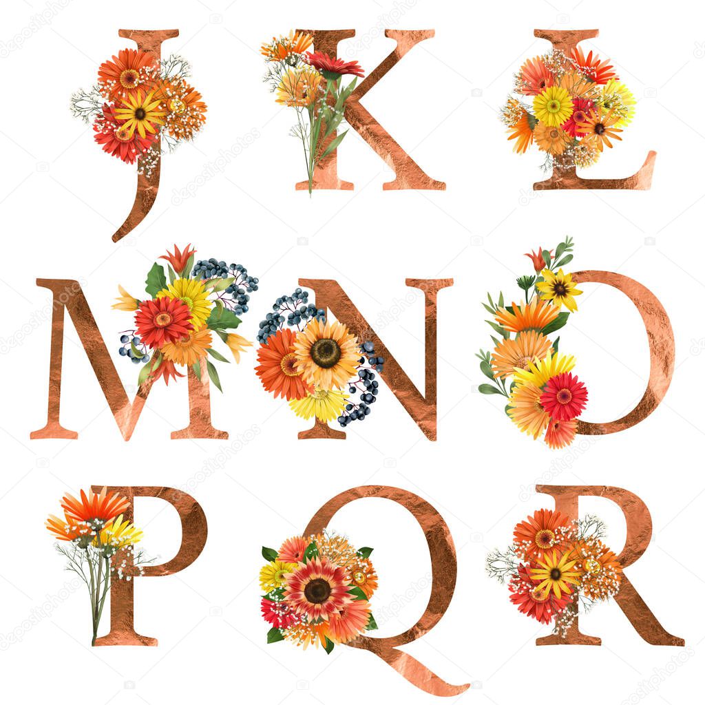 Set of floral letters J-R with autumn flowers (asters and gerber daisies), isolated illustration on white background, for wedding monogram, greeting cards, logo