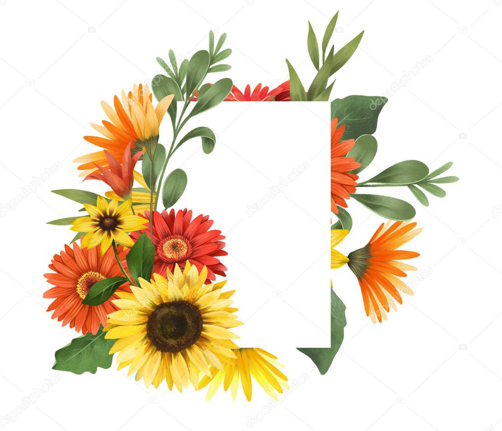 Frame of autumn flowers (gerbera daisies, sunflowers, asters flowers) hand drawn isolated illustration on white background, for wedding cards, invitation, celebratory design