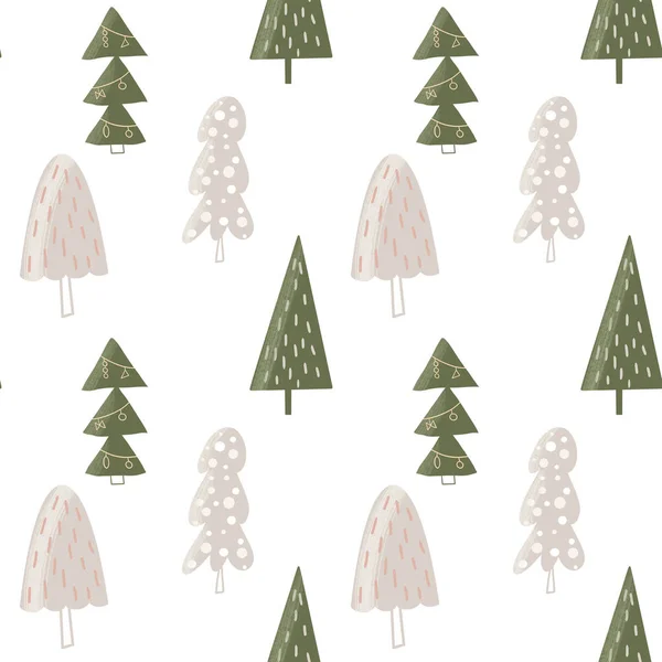 Winter Silver Green Simple Christmas Trees Seamless Pattern Hand Drawn — Stock Photo, Image