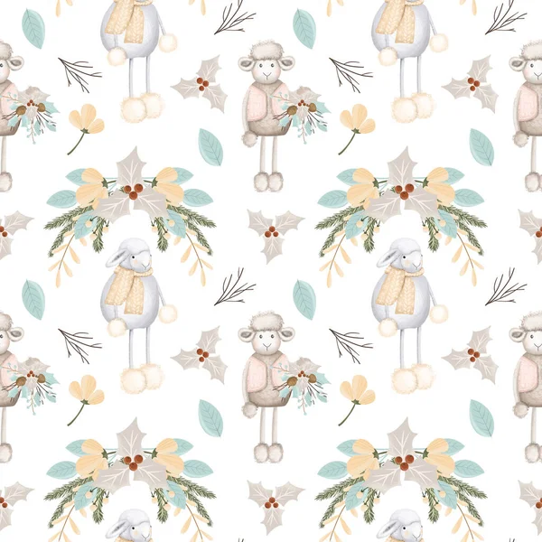 Christmas Cute Sheeps Floral Winter Arrangements Seamless Pattern Hand Drawn — Stock Photo, Image