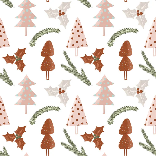 Winter Holly Tree Fir Branches Simple Christmas Trees Seamless Pattern — Stock Photo, Image