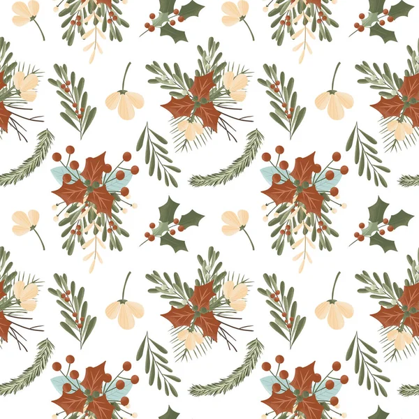 Christmas Winter Holly Berries Leaves Arrangements Seamless Pattern Hand Drawn — Stock Photo, Image