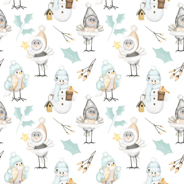 Christmas Cute Snowmen Winter Birds Holly Leaves Seamless Pattern Hand — Stock Photo, Image