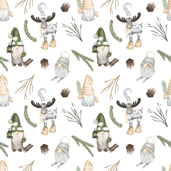 Christmas Scandinavian Forest Gnomes Cute Deer Hat Fir Cones Branches — Stock Photo, Image