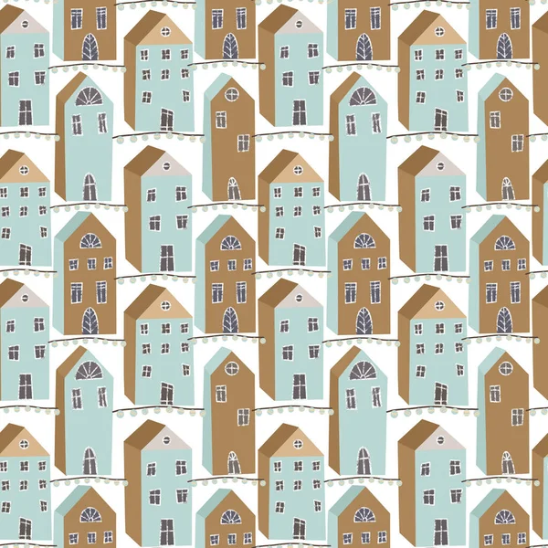 Seamless pattern of hand drawn cute scandinavian houses with garlands on white background