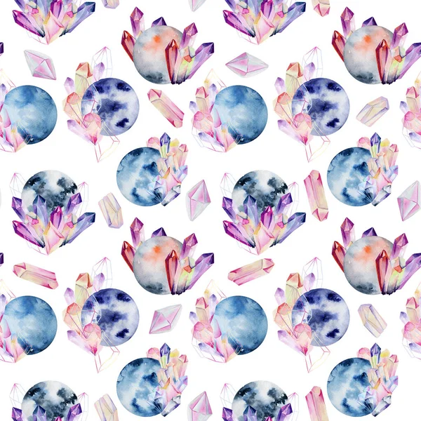 Seamless Pattern Watercolor Crystal Moon Illustration White Background — Stock Photo, Image