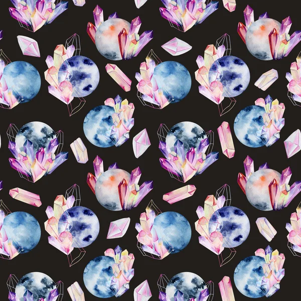 水彩クリスタルムーンのシームレスなパターン 暗い背景にイラスト — ストック写真
