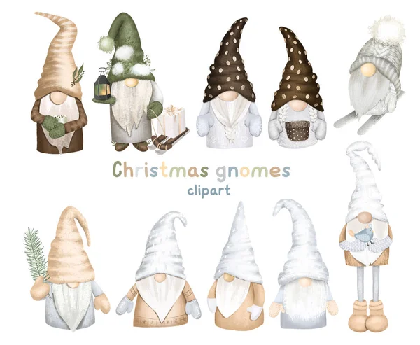 Conjunto Gnomos Florestais Escandinavos Natal Inverno Gnomos Clipart Ilustração Isolada — Fotografia de Stock