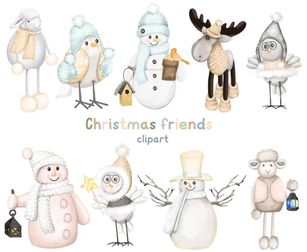 Zestaw Zimowych Zwierząt Leśnych Bałwanów Boże Narodzenie Cute Znaków Clipart — Zdjęcie stockowe