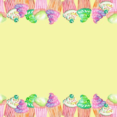 Şablon kartpostal ile sarı bir arka plan üzerinde muffins